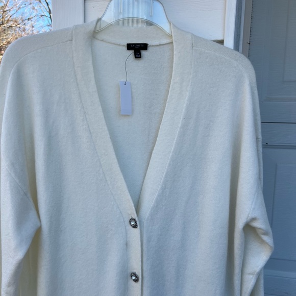 NWT Talbots Cozy & Festive Cream Jeweled Buttons V-Neck Long Cardigan Pockets - Picture 2 of 7